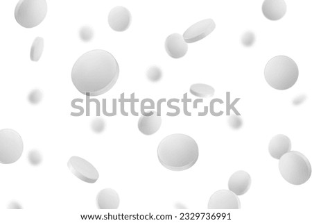 Falling Pills isolated on white background, selective focus