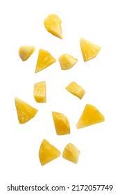 Falling pineapple slices isolated on white background with clipping path. - Shutterstock ID 2172057749