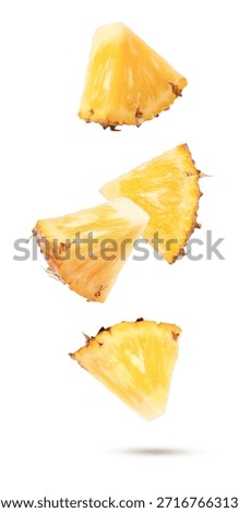 Falling pineapple slices isolated on white background.
