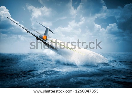 Falling plane accident crashing into the water on the sea