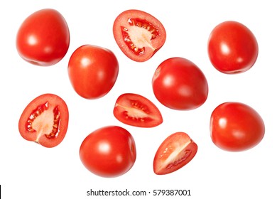 Falling plum tomatoes isolated on white background. Top view