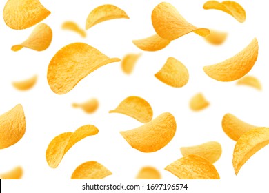 Falling potato chips isolated on a white background, selective focus