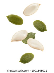 Falling Pumpkin Seed, Isolated On White Background, Clipping Path, Full Depth Of Field