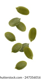 Falling Pumpkin seed, isolated on white background, clipping path, full depth of field