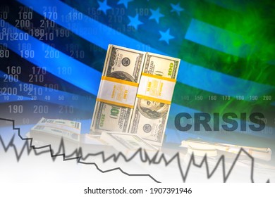 Falling Quotes On Background Of American Flag. US Bond Market Crisis. Falling Value Of American Companies. Downturns In United States Of America Stock Market. Crisis Logo As A Symbol Down GDP