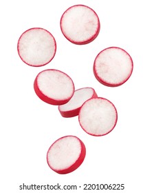 Falling Radish slice isolated on white background, clipping path, full depth of field
