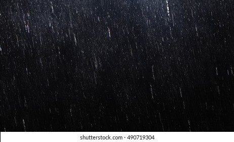 Falling Raindrops Footage Animation In Slow Motion On Dark Black Background With Fog, Lightened From Top, Rain Animation With Start And End, Perfect For Film, Digital Composition, Projection Mapping