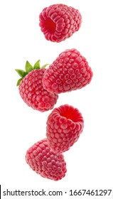 Falling Raspberries Isolated On A White Background