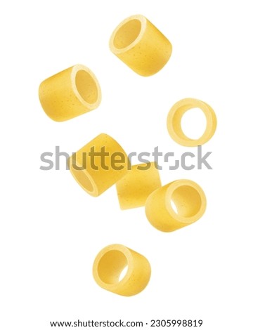 Falling raw Ditalini, uncooked Italian Pasta, isolated on white background, clipping path, full depth of field
