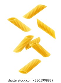 Falling raw Penne Rigate, uncooked Italian Pasta, isolated on white background, clipping path, full depth of field