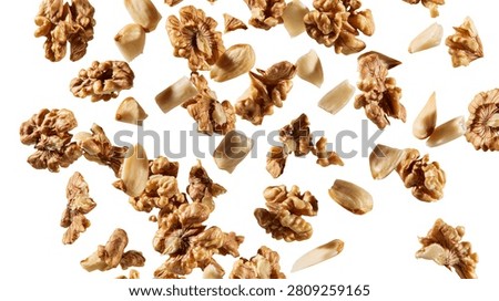 Falling raw shelled walnut kernels and almond pieces in midair