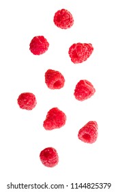 Falling Red Raspberries Isolated On White Background