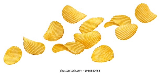 Falling ridged potato chips isolated on white background with clipping path - Shutterstock ID 1966560958