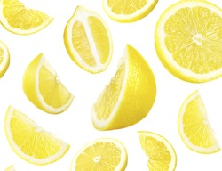 Falling Ripe Lemons Isolated On White