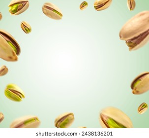 Falling ripe pistachios with isolated background. Flying set with Flying in air fresh pistachios, advertising design.