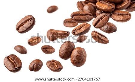 Falling roasted coffee beans isolated on a clean white background, showcasing rich brown tones, aroma, texture, and dynamic motion