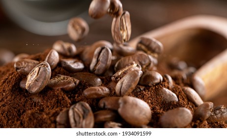 Falling Roasted Coffee Beans, Macro Shot, close-up.