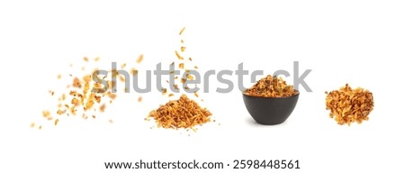 Falling Roasted Onion Isolated, Flying Dry Onion Pieces, Bulb Chips, Deep Fried Vegetable, Caramelized Shallot Sprinkles, Crispy Fried Onions on White Background