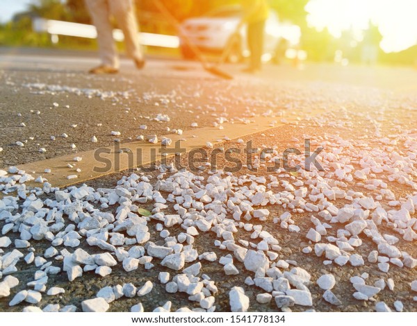 The falling rocks on the road from the\
material handling truck Slope road\
surface