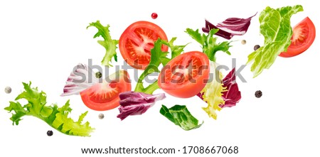 Falling salad of leaves with rucola, lettuce, radicchio, romano green frize and tomatoes isolated on white background