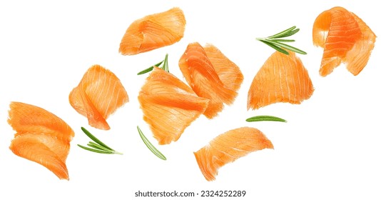 Falling salmon slices isolated isolated on white background