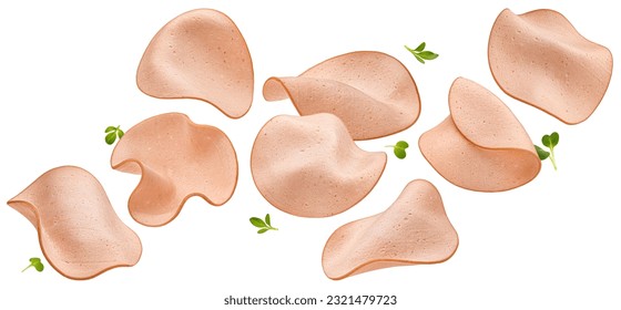 Falling sausage thin slices isolated on white background