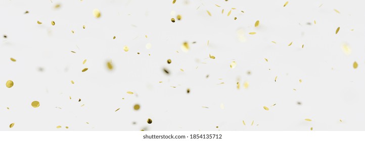 Falling Shiny Golden Confetti On White Background. Bright Festive Tinsel Of Gold Color, Banner Size