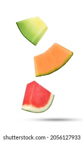 Falling of sliced cantaloupe melon and watermelon isolated on white background.