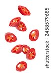 Falling sliced red hot chilli peppers isolated on white background, clipping path