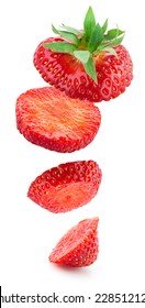Falling slices of strawberry. Cut strawberry fall down. Strawberry pieces falling. Strawberri isolated on white - Shutterstock ID 228512128