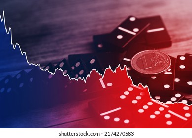 Falling Sparkline Chart, Fallen Dominoes And Euro Coin. Concept Of Financial Crisis And Economy Collapse In European Union.