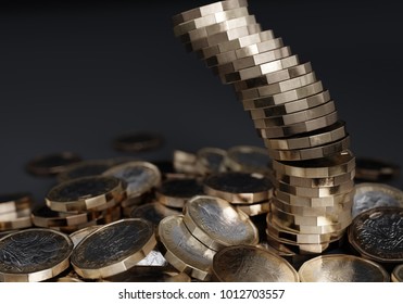 Falling stack of British one pound coins. Black/dark background.