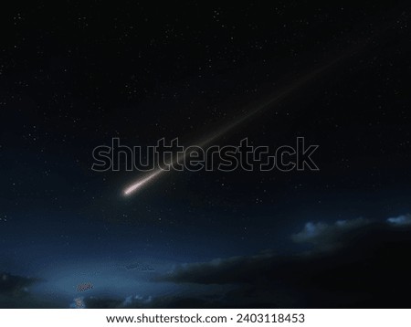 Falling star in the atmosphere. A long meteorite trail against the background of the night sky. Falling bright meteor.