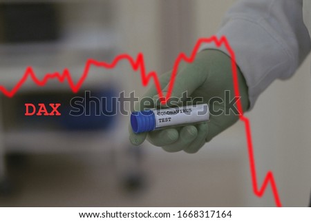 falling stock market prices, SIGNIFICANT PRICE LOSS EXPECTED -  economic consequences of a coronavirus pandemic, in hand tube with text corona test, blurred background, performance index dax