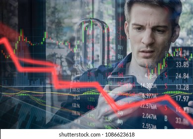 Falling Stock Prices And Angry Disappointed Investor Fails And Loses Money.  Failed And Unsuccessful Young Man Has Headache And Stress.