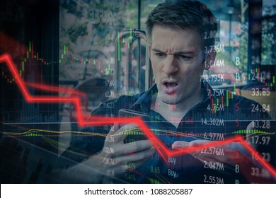 Falling Stock Prices And Angry Disappointed Investor Fails And Loses Money.  Falling Price And Red Line Downturn.