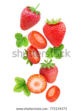 Falling strawberries isolated on white background with clipping path; leaf