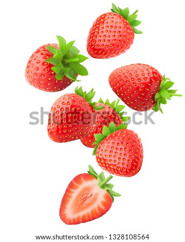 Falling strawberry isolated on white background, clipping path, full depth of field, high quality photo