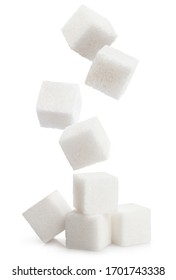 Falling sugar cubes, isolated on white background