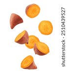 Falling Sweet Potato, yam, isolated on white background, clipping path, full depth of field