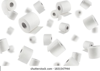 Falling Toilet Paper Isolated On White Background, Selective Focus