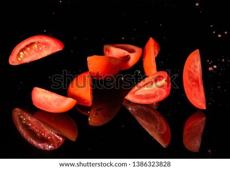 Falling tomatoes, shoot 4 reflections on black plane