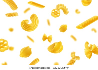 Falling uncooked Italian Pasta, isolated on white background, selective focus - Powered by Shutterstock