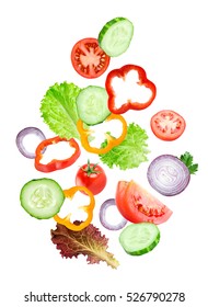 Falling Of Vegetables On White Background. Healthy Food Concept