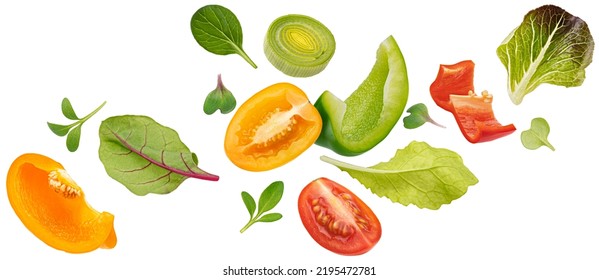 Falling vegetables, salad of bell pepper, tomato and lettuce leaves - Powered by Shutterstock