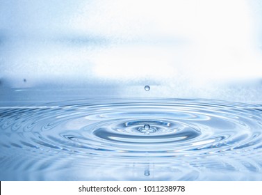 Falling water droplets in blue water surface with waves
