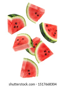Fallende Wassermelone einzeln auf weißem Hintergrund, Beschneidungspfad, volle Feldtiefe
