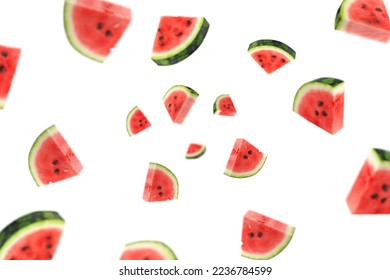 Falling watermelon isolated on white background, selective focus