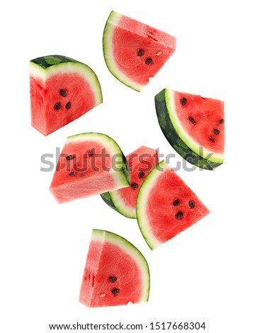 Falling watermelon isolated on white background, clipping path, full depth of field