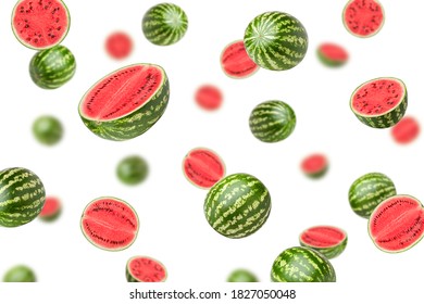 Falling watermelon set, isolated on white background, selective focus